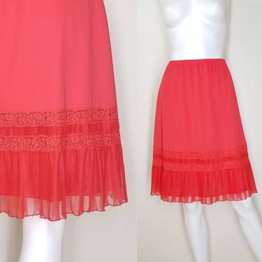 Red Nylon Half Slip, Small / Crystal Pleated Chiffon Slip / Pinup Red Skirt Slip with Lace and Pleated Hemline / Vintage Christmas Lingerie 