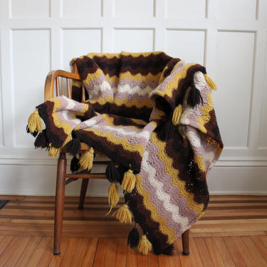 Vintage Hand Knit Mustard Yellow, Brown, White, &amp; Lavender Chevron Pattern Wool Blanket 