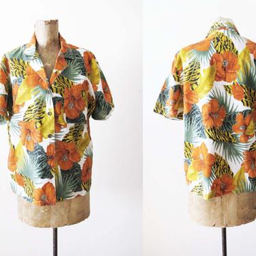 Vintage 80s Hawaiian Shirt M - Womens Hawaiian Shirt - Tropical Tiki Shirt - Aloha Shirt - Mustard Orange Green Cotton Hawaiian Shirt 