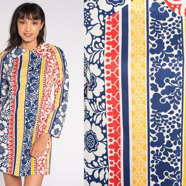 60s Mod Dress 70s Floral Print Mini Hippie PSYCHEDELIC 1970s Mod Shift Boho Vintage Tunic Striped Long Sleeve Red Blue Yellow Small Medium 