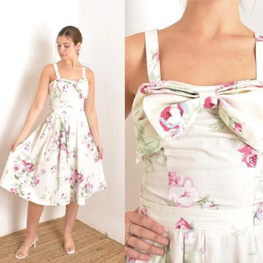 Vintage 1980s Dress / 80s Floral Cotton Two Piece Skirt and Top Set / White Pink ( L XL ) 