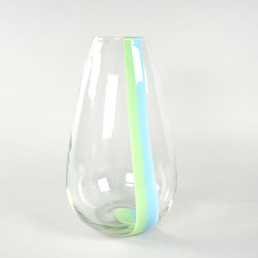 vintage mcm large clear with blue &amp; green stripes handmade art glass vase 