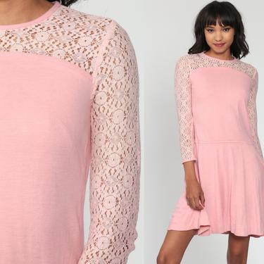 Baby Pink Dress LACE Sleeve 60s Mini Dress 60s Mod Party 1960s Cocktail Shift Drop Waist Vintage Boho Sheer Sleeve Formal Extra Small xs 