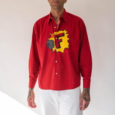 Vintage 80s Bellows Brut Le Garage Red Button Up Shirt w/ Pop Art Print | Made in France | 100% Cotton | 1980s French Designer Unisex Shirt 
