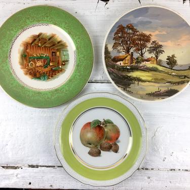 Trio of vintage green decorative wall plates - cottage decor 