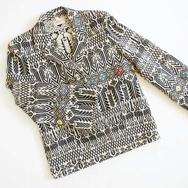 Vintage 60s Guatemala Textile Jacket Small - 1960s Black White Folk Mexico Jacket - Aztec Geometric Floral Blazer Coat - 1960s Boho Clothing 