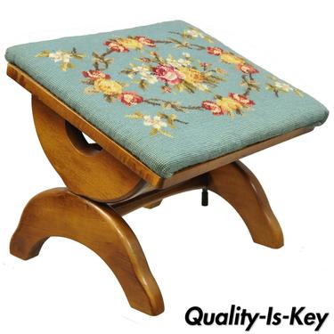 Antique Victorian Teal Floral Needlepoint Spring Rocking Footstool Ottoman Stool
