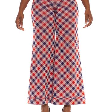 1970S Red White  Blue Polyester Wide Leg Plaid Pants 