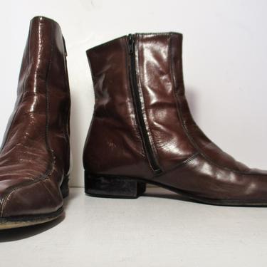 Vintage 1970s Brown Leather Ankle Boots, 10.5M Men, Side Zip, The Beatles, Rock n Roll 