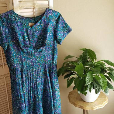 Vintage 50s Blue/Green floral Dress w/Tucks  M/L Rockabilly 