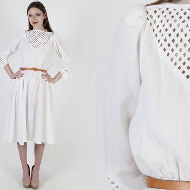 All White Open Lattice Dress / Sheer See Through Cut Out Chest / Dagger Sleeve Secretary Full Skirt Midi Mini Dress 