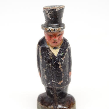 Antique German Hand Carved Wooden Man with Top Hat, Vintage Hand Painted Miniature Toy for Putz or Nativity, Erzgebirge Germany 
