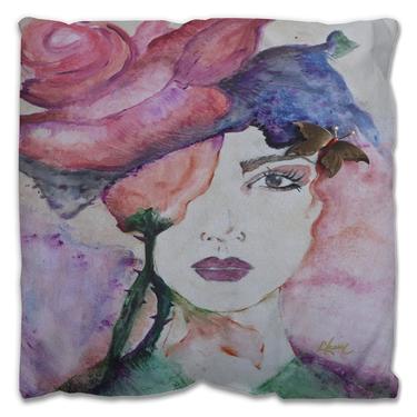 Flowers Butterflies Portrait Outdoor Pillow ~ Water Color Flowers Pillow ~ Women's Watercolor Print ~ Floral Lady Print ~ Outdoor Interior 