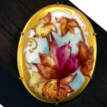Hand Painted Antique Porcelain and Brass Brooch With Purple and Brown Leaves and Gold Trim 