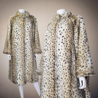 Vintage Faux Fur Coat, Medium Large / 1960s Lynx Fur Coat / Fake White Fur Top Coat with Brown Spots / Russian Chic Acrylic Fur Winter Coat 