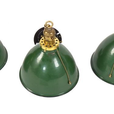 three matching c. 1930's antique american industrial green porcelain enameled deep bowl reflector pendant light fixtures with chain and black enameled canopies 