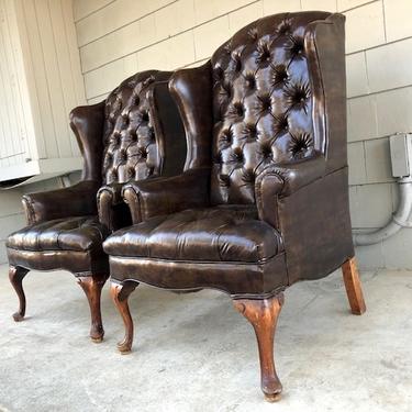 Vintage Leather Chesterfield Wingback Chair Pair
