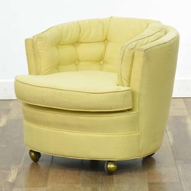 1970'S Tufted Yellow Barrel Back Armchair W Casters