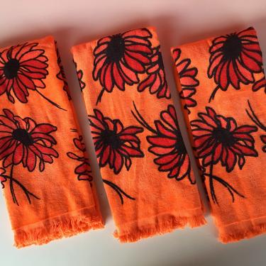 Vintage Retro Springmaid Orange Hand Towels - Set of Three -- Rare Color! 