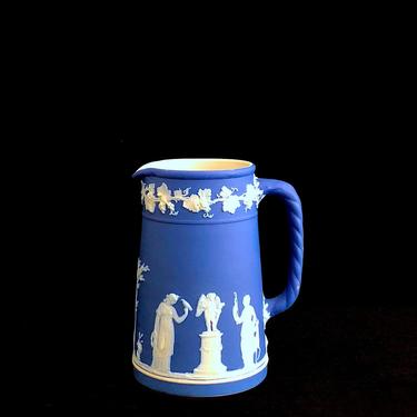 Antique 19th Century Wedgwood Dark Blue &amp; White Pitcher with Neoclassical Scenes England English Porcelain 
