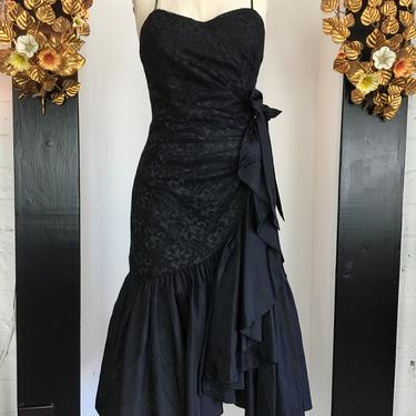 1980s prom dress, mermaid dress, black lace dress, vintage 80s dress, size medium, fishtail dress, spaghetti straps, draped satin dress, 27 