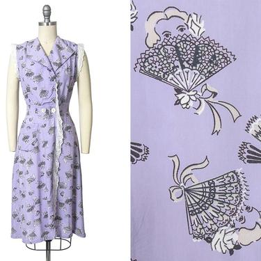 Vintage 1940s Dress | 40s Novelty Print Rayon Spanish Lady Fans Rose Floral Purple Wrap Day Dress (small) 