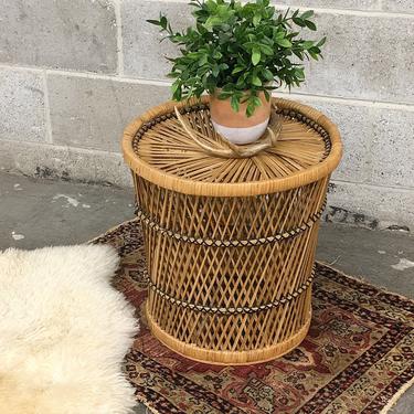 Vintage Plant Stand Retro 1980s Bohemian + XL Size + Tan Woven Wicker and Straw + Cylinder + End or Side Table + Boho Decor and Furniture 