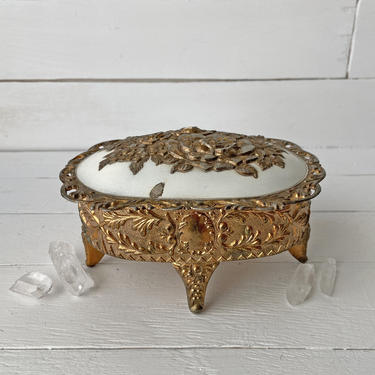 Antique Gold And White Floral Jewelry Box With Red Felt | Jewelry Box, Trinket Box, Catch All, Gift For Christmas, Chic Vanity Box, Rustic 