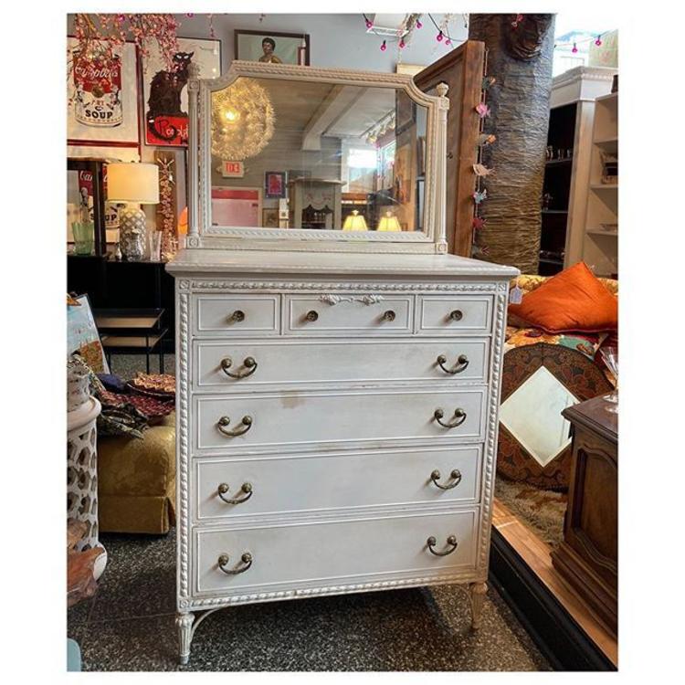 Antique white painted ornate tall chest w/ mirror38” wide / 22.1” deep / 44” tall / (68.5 w/ mirror) 