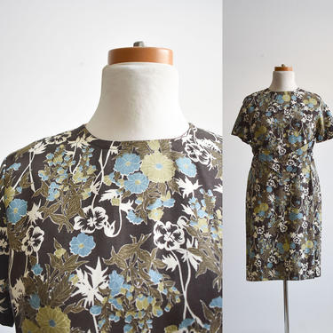 1960s Brown & Blue Botanical Linen Dress 
