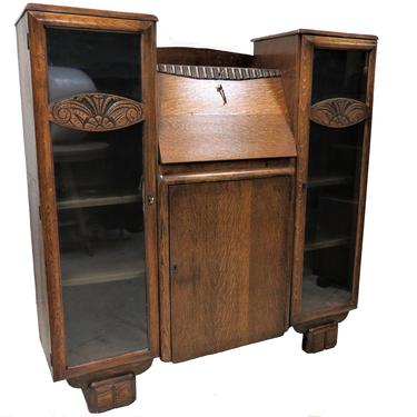 English Oak Drop Front Secretary Desk With Side by Side Glass Bookcases 