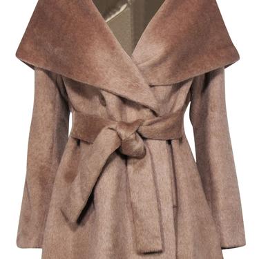 Trina Turk - Tan Faux Fur Double Breasted Belted Trench Coat w/ Hood Sz 6