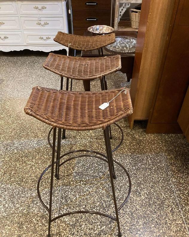 3 nifty rattan stools, 31” H x 21” W 