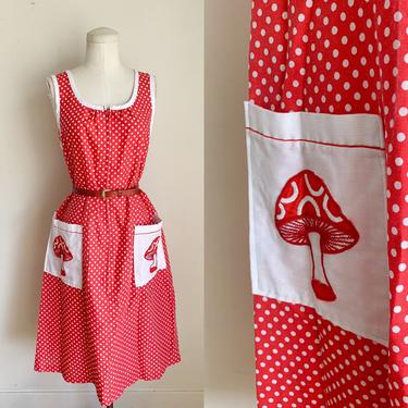 Vintage 1970s Polka Dot &amp; Mushroom House Dress / M 