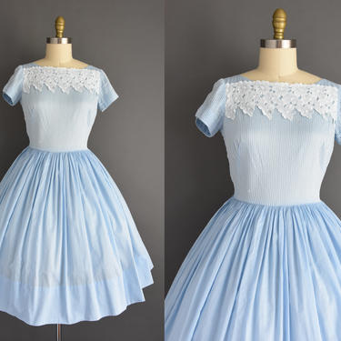 vintage 1950s dress - Size Small - Vicky Vaughn blue cotton embroidered floral short sleeve full skirt day dress - 50s dress 