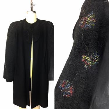 Fantastic 1940s Wool Swing Coat with Intricate Soutache and Bead Work 