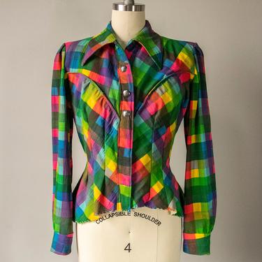 1950s Blouse Cotton Rainbow Plaid Fitted Top M 