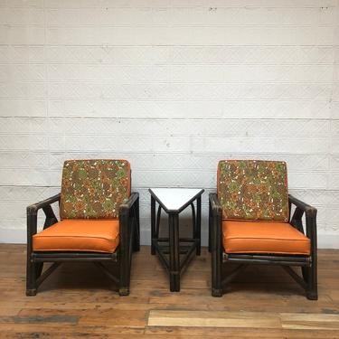 Mid Century Rattan Chairs &amp; End Table 