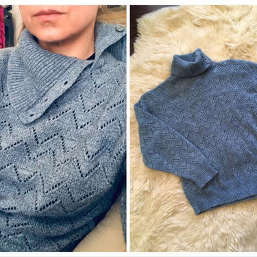vintage 70s 80s dusty blue sweater, pointelle knit wool sweater / Gordon of Philadphia sweater, vintage turtleneck sweater, blue wool 
