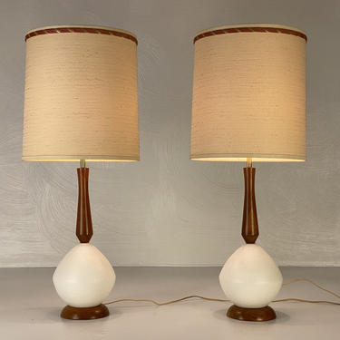 Pair of 1960s Walnut and White Ceramic Table Lamps - *Please see notes on shipping before you purchase. 