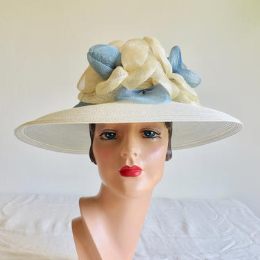 Vintage Eric Javits Light Blue and White Wide Brim Hat Large Sisal Flowers Kentucky Derby Ascot Portrait Picture Bridal 1990's Millinery 