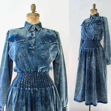 KAREN ALEXANDER Vintage 90s Jean Dress, 1990s Neiman Marcus Acid Washed Cotton Denim Waist Band | 80s 1980s Boho Designer, Size Small Medium 
