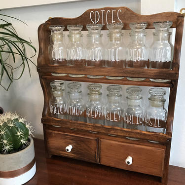 Restyled Vintage hanging or standing wooden spice rack apothecary jar set with new vinyl labels country contemporary 