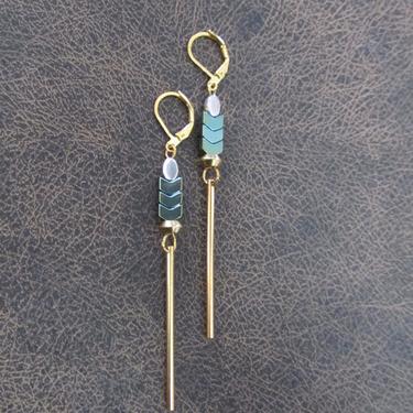 Minimalist earrings, long geometric brass earrings, mid century modern earrings, Brutalist earrings, teal hematite earrings, gold dangle 