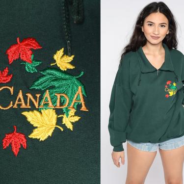 Canada Sweatshirt 90s Green Quarter Zip Sweatshirt Slouchy Jumper Pullover 1990s Graphic Travel Vintage Large L 