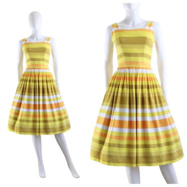 1950s Chartreuse Stripe Fit & Flare Sundress - 1950s Stripe Sundress - 1950s Stripe Dress - 1950s Rainbow Strip Dress | Size XS / Small 
