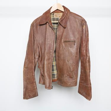 vintage DISTRESSED men's brown leather BIKER vintage perfect patina 1950s 60s beat poet punk jacket coat -- men's size medium 