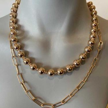 Gold beaded &amp; chain double strand necklace