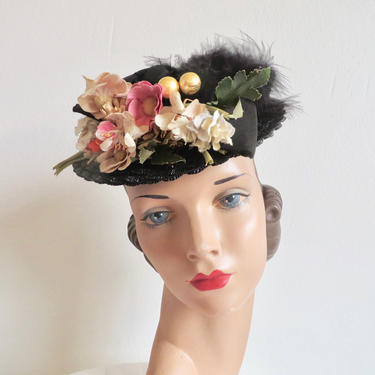 Vintage 1940&#39;s Black Straw Tilt Topper Hat Pink Flowers Feathers Faux Pearls Ribbon Trim WW2 Era Rockabilly Spring 40&#39;s Millinery by seekcollect