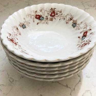Set of 6 Vintage Crown Cream Johnson Bros with Brown and Red Florals and Gold Rim Soup or Cereal Bowls by LeChalet